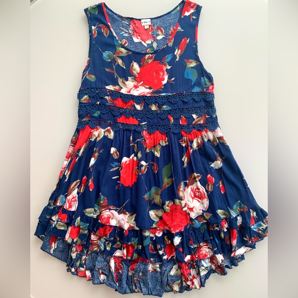 Mei | High Low Mini Ruffle Dress in Navy/Floral Print | Medium